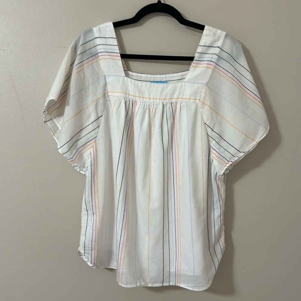 J. McLaughlin Cotton Top White with Multicolor Stripes Sz Medium Preppy Coastal